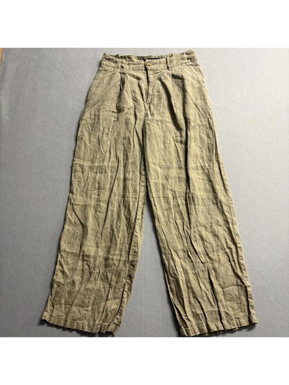 Zara Linen Pants Womens Small Olive Green Wide Leg Pleated High Rise Casual